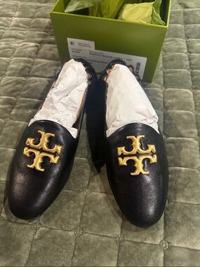Tory Burch Black Leather Slip-On Loafers with Gold Logo
